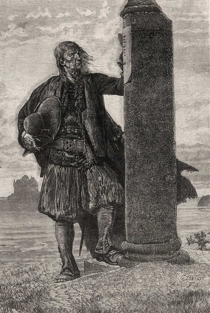 De Markies van Lantenac leest een bevel voor zijn arrestatie op een pilaar - illustratie uit Quatre Vingt Treize door Gustave Brion