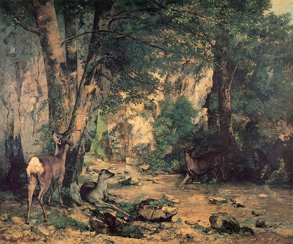 Een struikgewas van herten bij de stroom van Plaisir-Fountaine door Gustave Courbet