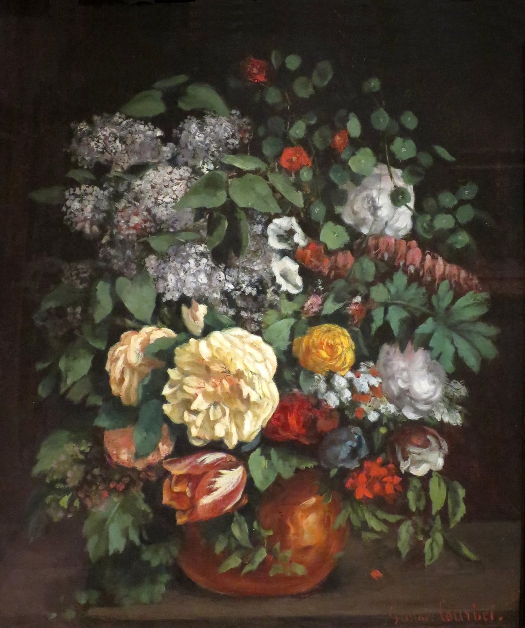 Vaas met seringen, rozen en tulpen door Gustave Courbet