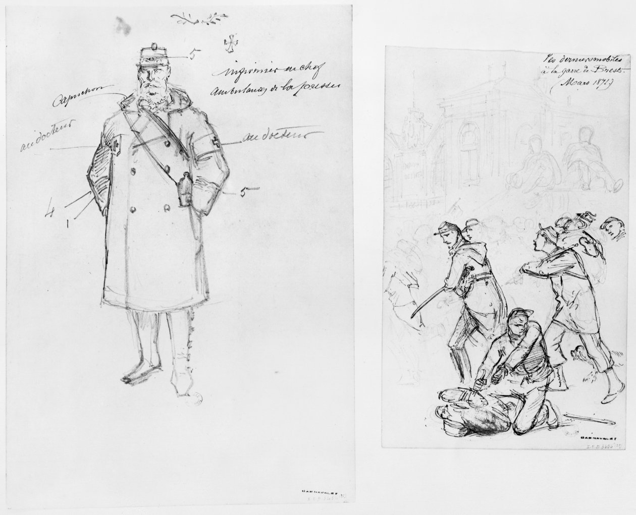 Album van het Beleg van Parijs, Ambulanceman, de laatste troepen op het station van Brest, 1871 door Gustave Dore