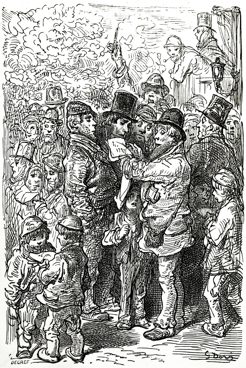 Wedden op een bokswedstrijd buiten de ring in Londen, 1872 door Gustave Dore