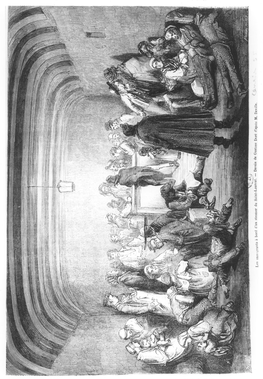 Immigranten aan boord van een stoomboot in de Saint-Laurent rivier, Canada, 19e eeuw door Gustave Dore