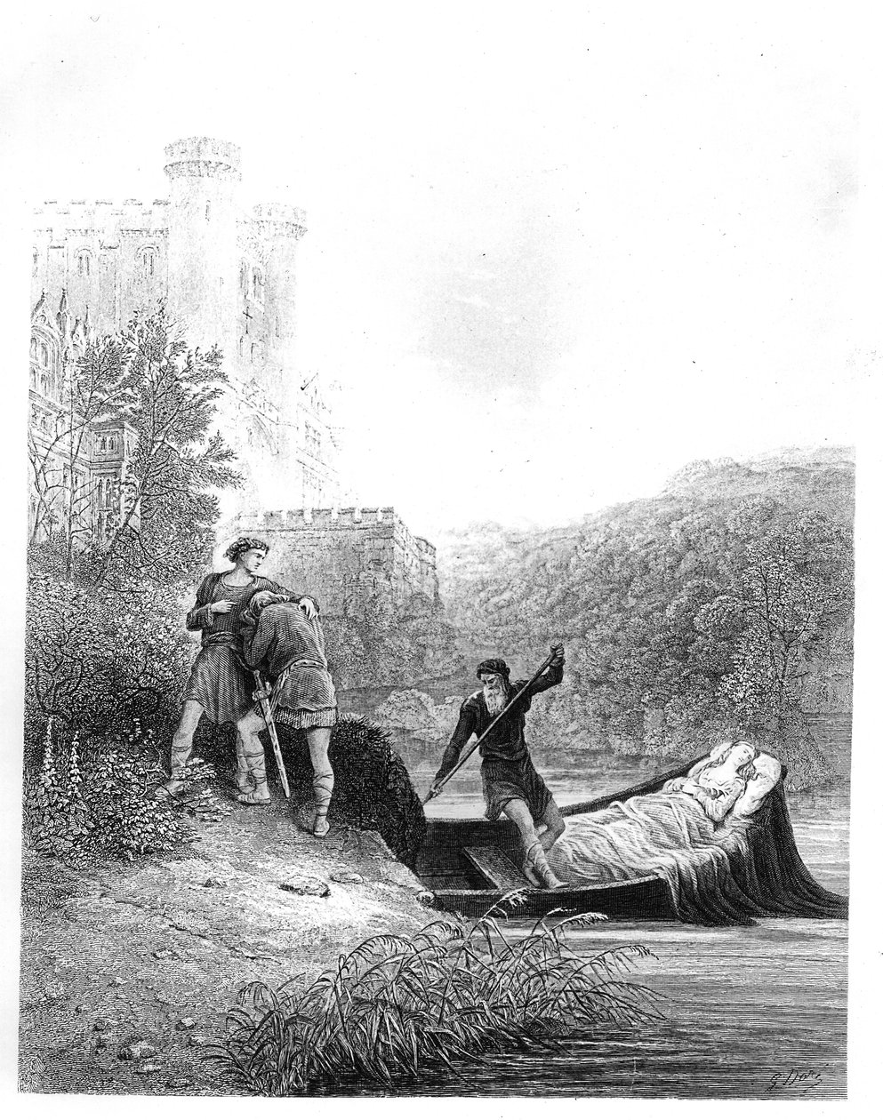Lancelot kijkt naar het lichaam van Lady Elaine door Gustave Dore