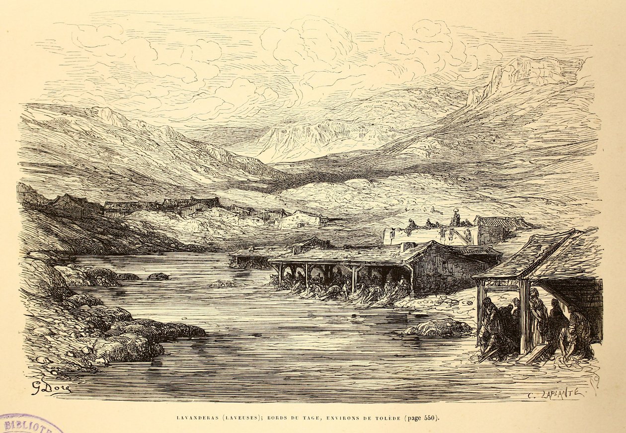 Wasvrouwen; oevers van de Taag, omgeving van Toledo door Gustave Dore