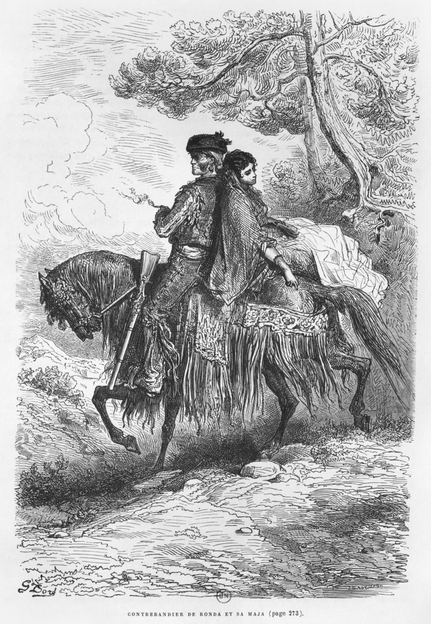 Spaanse Contrabandista van Ronda en zijn Maja, gegraveerd door Felix Jean Gauchard (1825-72) door Gustave Dore