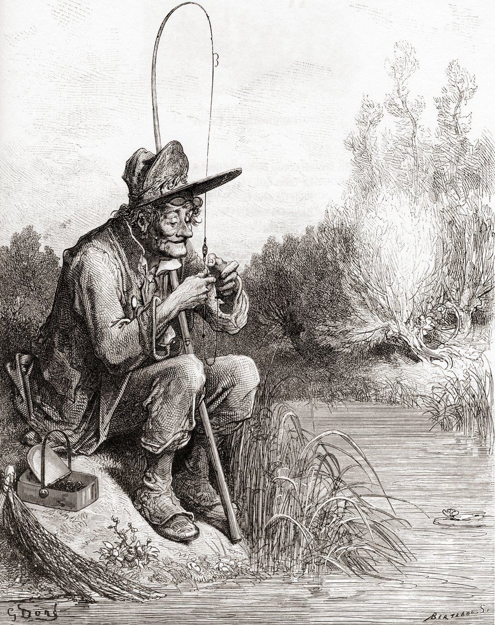 De visser en de kleine vis, uit een late 19e-eeuwse editie van Fabels de La Fontaine door Gustave Dore