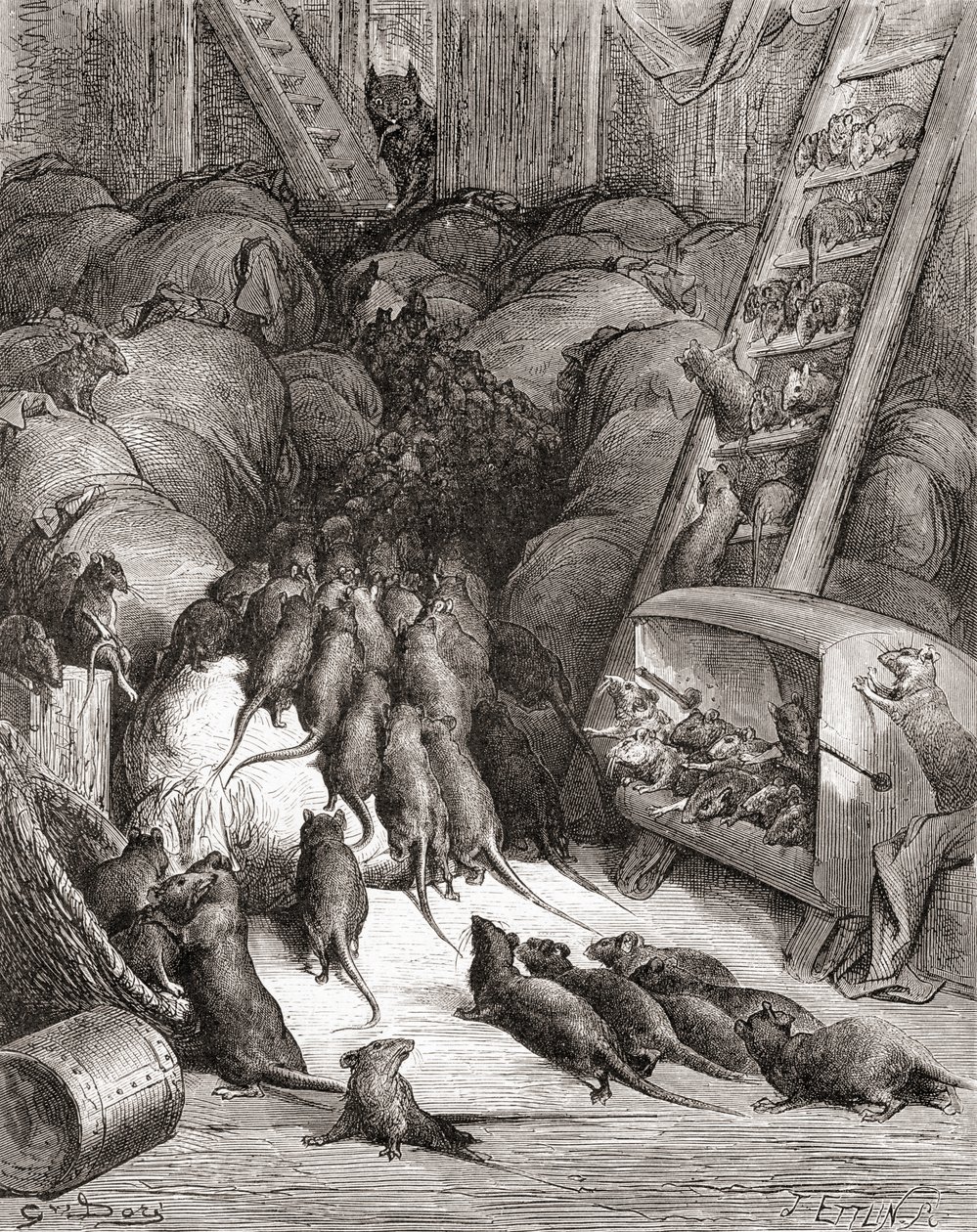de Liga van de Ratten, uit een late 19e-eeuwse editie van Fabels van La Fontaine door Gustave Dore