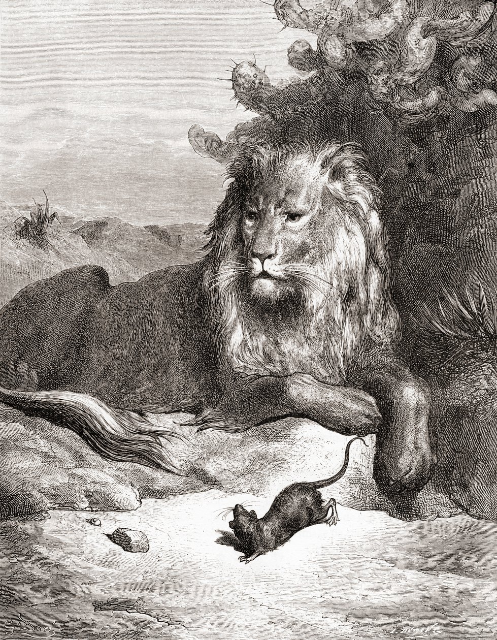 De leeuw en de muis, uit een late 19e-eeuwse editie van Fabels de La Fontaine door Gustave Dore