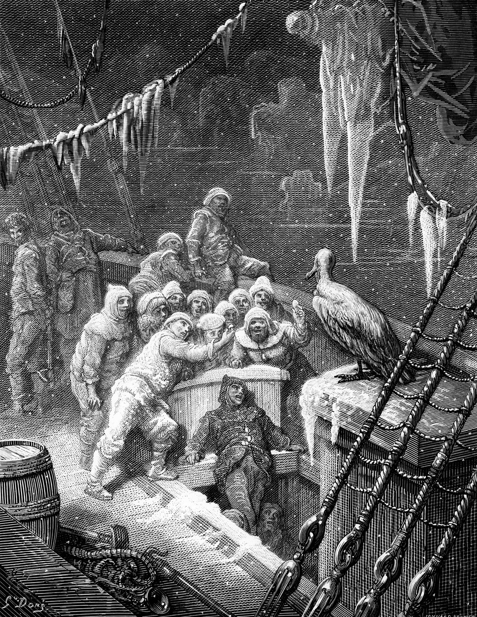 De albatros gevoed door de matrozen op het schip gestrand in de bevroren zeeën van Antarctica, scène uit 