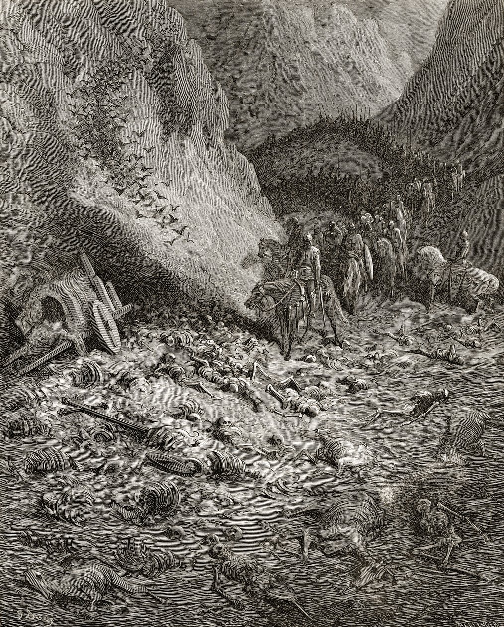 Het leger van de Tweede Kruistocht vindt de resten van de soldaten van de Eerste Kruistocht, illustratie uit 