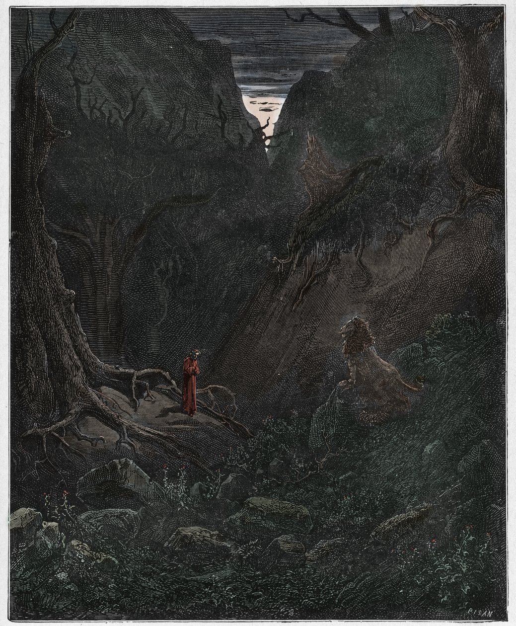 Inferno, Canto 1: De leeuw confronteert Dante plotseling, illustratie uit De Goddelijke Komedie van Dante Alighieri, 1885 (digitaal ingekleurde gravure) door Gustave after Dore