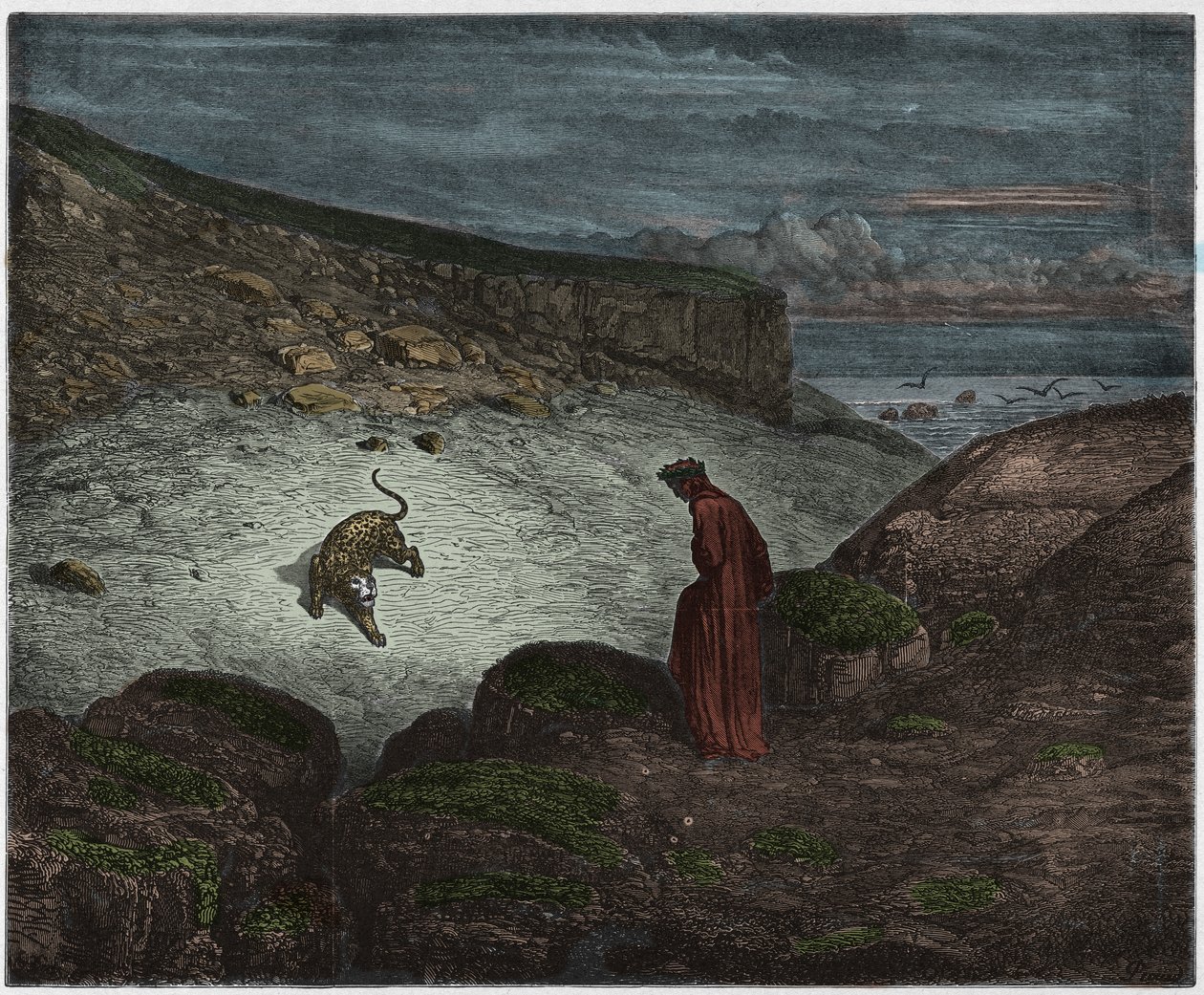 Inferno, Canto 1: De panter aan het begin van de beklimming, illustratie uit De Goddelijke Komedie van Dante Alighieri, 1885 (digitaal ingekleurde gravure) door Gustave after Dore