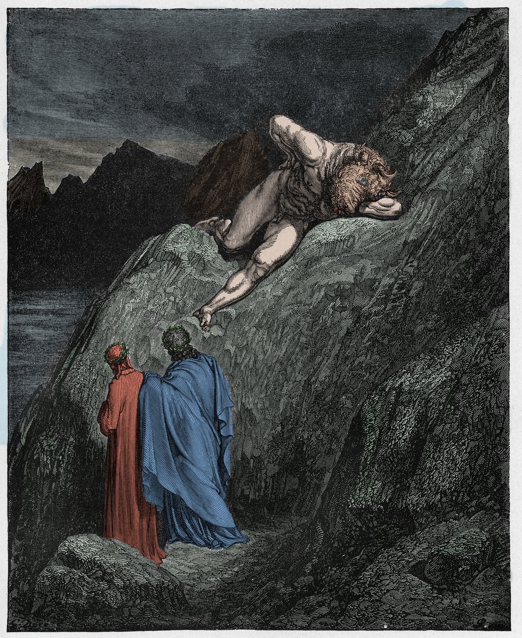 Inferno, Canto 12: De Minotaurus op de verbrijzelde klif, illustratie uit De Goddelijke Komedie van Dante Alighieri, 1885 (digitaal ingekleurde gravure) door Gustave after Dore