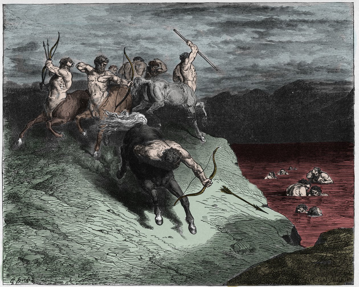 Inferno, Canto 12: De centauren vallen de zielen in kokend bloed aan, illustratie uit De Goddelijke Komedie van Dante Alighieri, 1885 (digitaal ingekleurde gravure) door Gustave after Dore