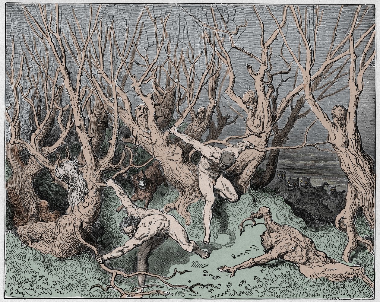 Inferno, Canto 13: De zelfmoordenaars vluchten het bos uit, illustratie uit De Goddelijke Komedie van Dante Alighieri, 1885 (digitaal ingekleurde gravure) door Gustave after Dore