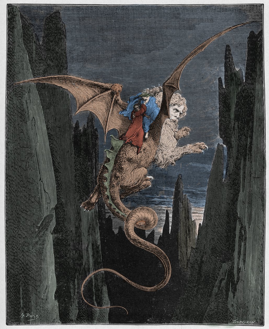 Inferno, Canto 17: De afdaling in de afgrond op de rug van Geryon, illustratie uit De Goddelijke Komedie van Dante Alighieri, 1885 (digitaal ingekleurde gravure) door Gustave after Dore