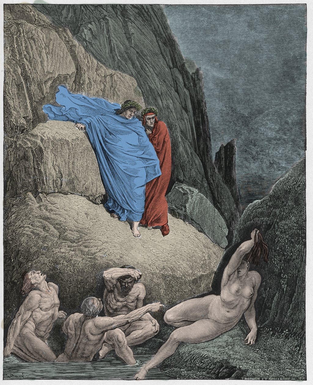 Inferno, Canto 18: Vergilius toont Dante de schim van Thais, illustratie uit De Goddelijke Komedie van Dante Alighieri, 1885 (digitaal ingekleurde gravure) door Gustave after Dore