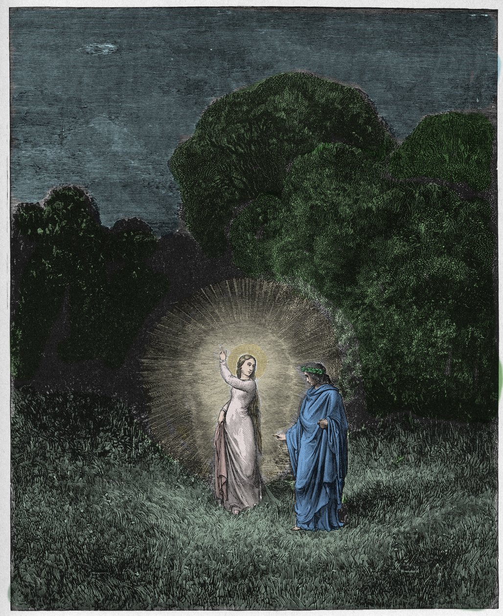 Inferno, Canto 2: Beatrice en Vergilius, illustratie uit De Goddelijke Komedie van Dante Alighieri, 1885 (digitaal ingekleurde gravure) door Gustave after Dore
