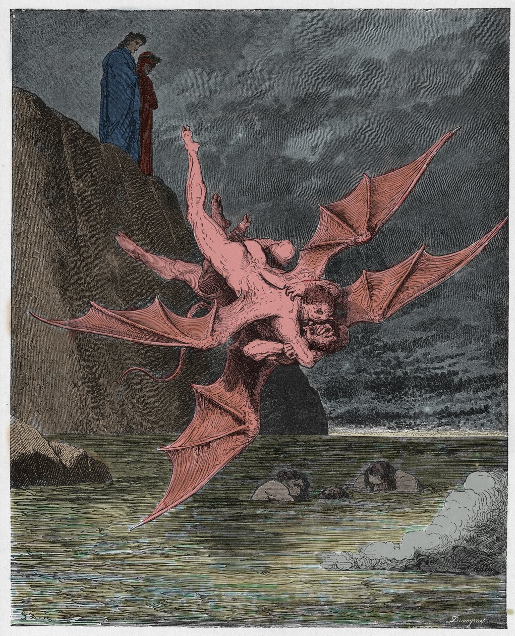 Inferno, Canto 22: Alichino en Calcabrina worstelen boven de pek, illustratie uit De Goddelijke Komedie van Dante Alighieri, 1885 (digitaal ingekleurde gravure) door Gustave after Dore