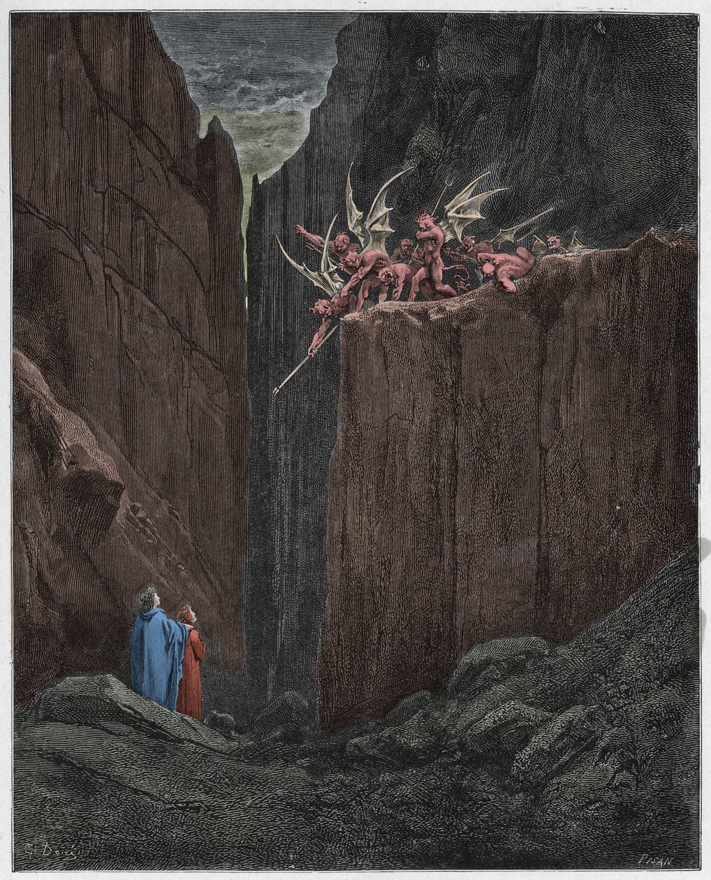 Inferno, Canto 23: De dichters ontsnappen aan de demonen van de vijfde bolgia, illustratie uit De Goddelijke Komedie van Dante Alighieri, 1885 (digitaal ingekleurde gravure) door Gustave after Dore
