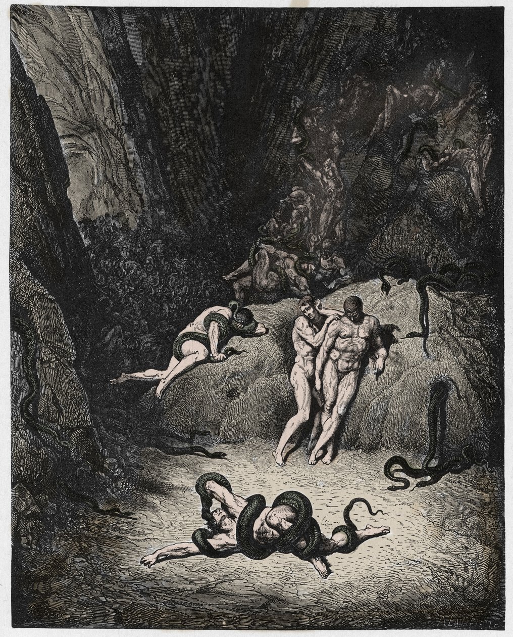 Inferno, Canto 25: Agnello verandert in een slang, illustratie uit De Goddelijke Komedie van Dante Alighieri, 1885 (digitaal ingekleurde gravure) door Gustave after Dore