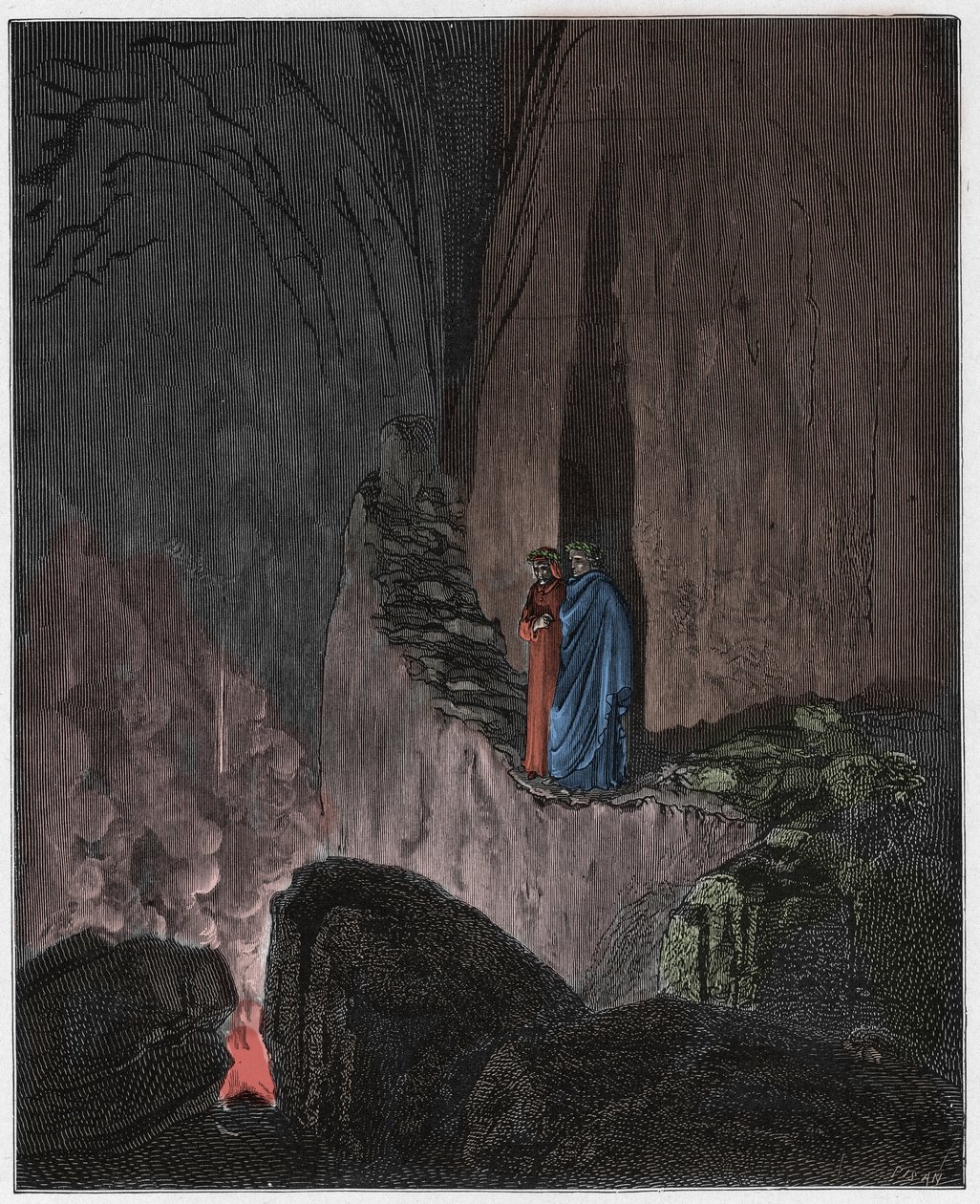 Inferno, Canto 26: De vlammende geesten van Odysseus en Diomedes, illustratie uit De Goddelijke Komedie van Dante Alighieri, 1885 (digitaal ingekleurde gravure) door Gustave after Dore
