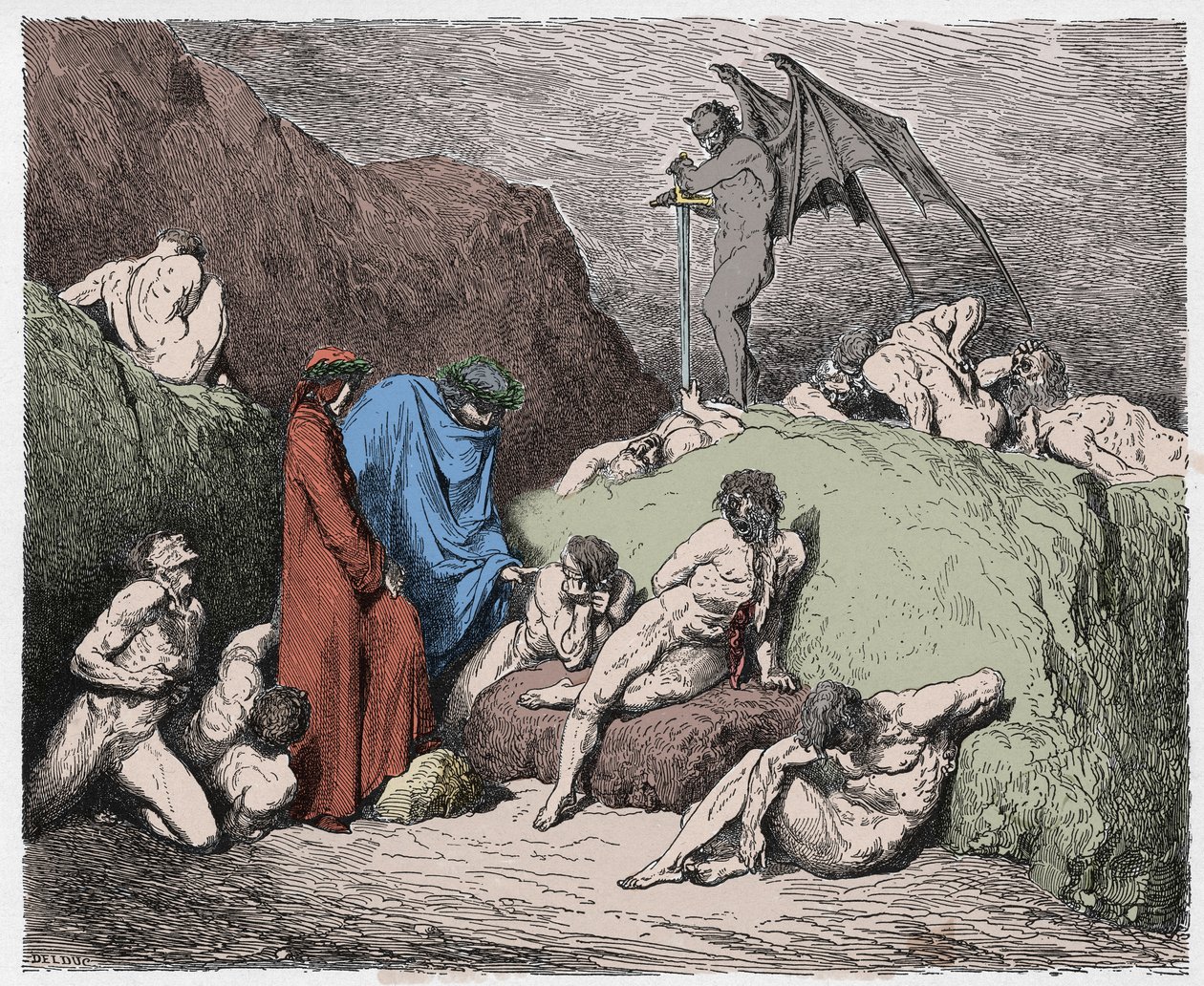 Inferno, Canto 28: Verminkte zaaiers van tweedracht in de negende bolgia, illustratie uit De Goddelijke Komedie van Dante Alighieri, 1885 (digitaal ingekleurde gravure) door Gustave after Dore