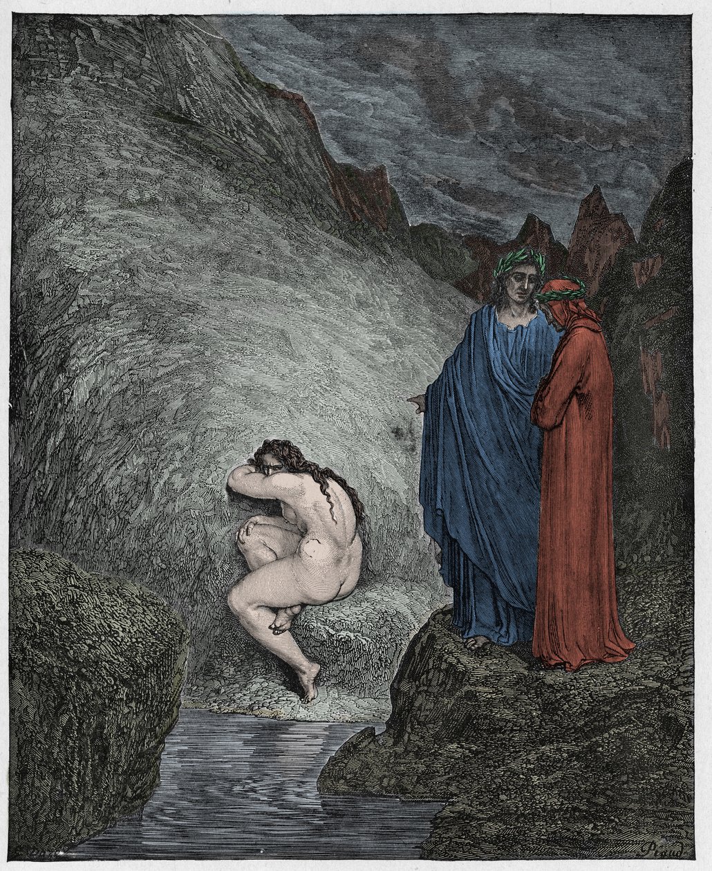 Inferno, Canto 30: Myrrha, veroordeeld voor incest, illustratie uit De Goddelijke Komedie van Dante Alighieri, 1885 (digitaal ingekleurde gravure) door Gustave after Dore