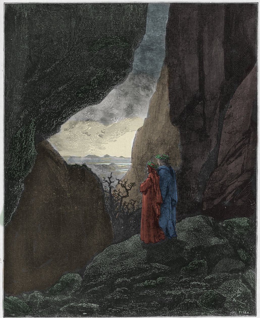 Inferno, Canto 34: Vergilius en Dante stijgen op naar de bovenwereld, illustratie uit De Goddelijke Komedie van Dante Alighieri, 1885 door Gustave after Dore