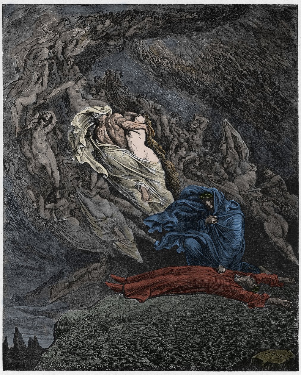 Inferno, Canto 5: Francesca Da Rimini beschrijft haar dood, illustratie uit De Goddelijke Komedie van Dante Alighieri, 1885 (digitaal ingekleurde gravure) door Gustave after Dore