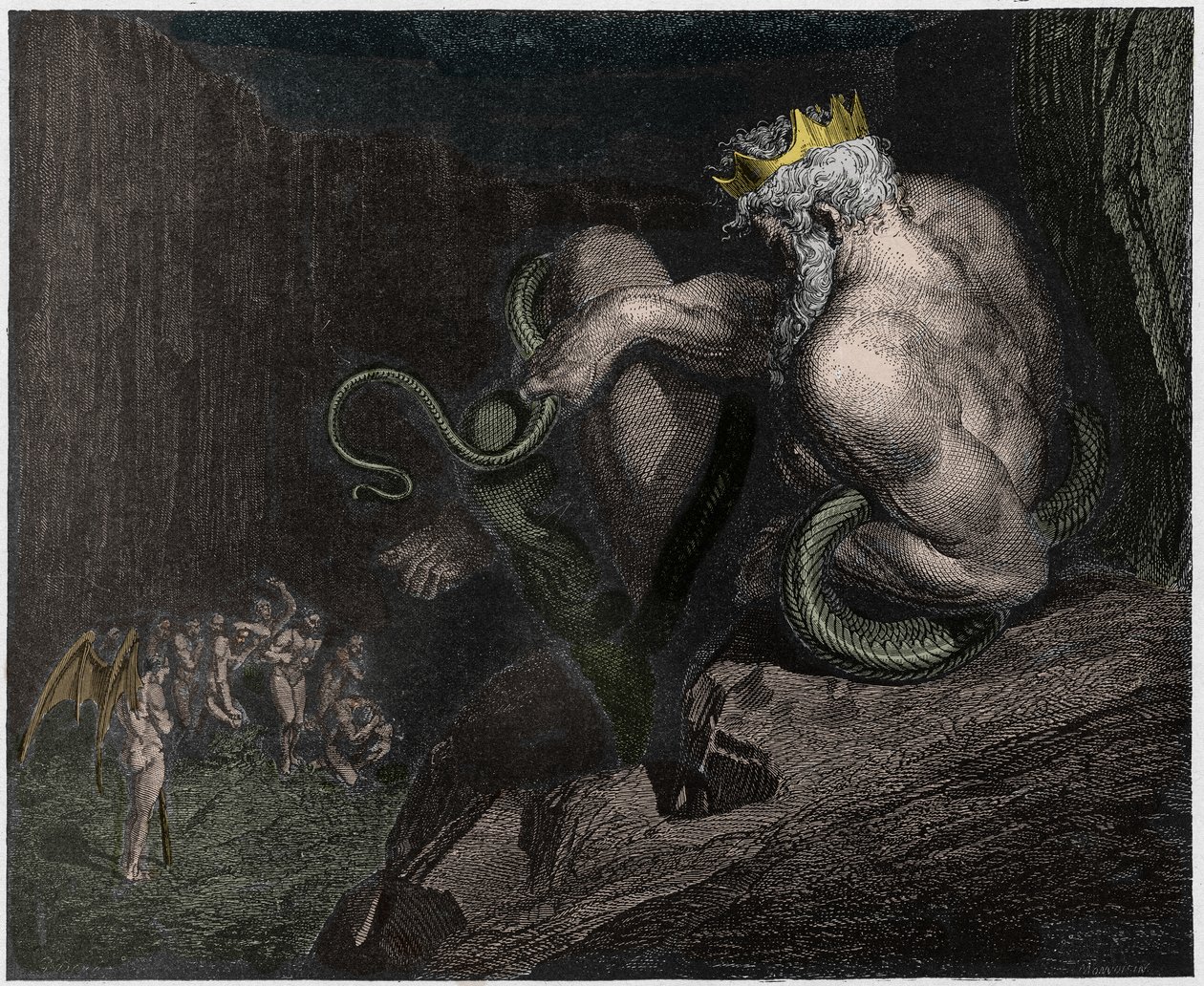 Inferno, Canto 5: Minos oordeelt over de overtredingen en stuurt de zielen, illustratie uit De Goddelijke Komedie van Dante Alighieri, 1885 (digitaal ingekleurde gravure) door Gustave after Dore