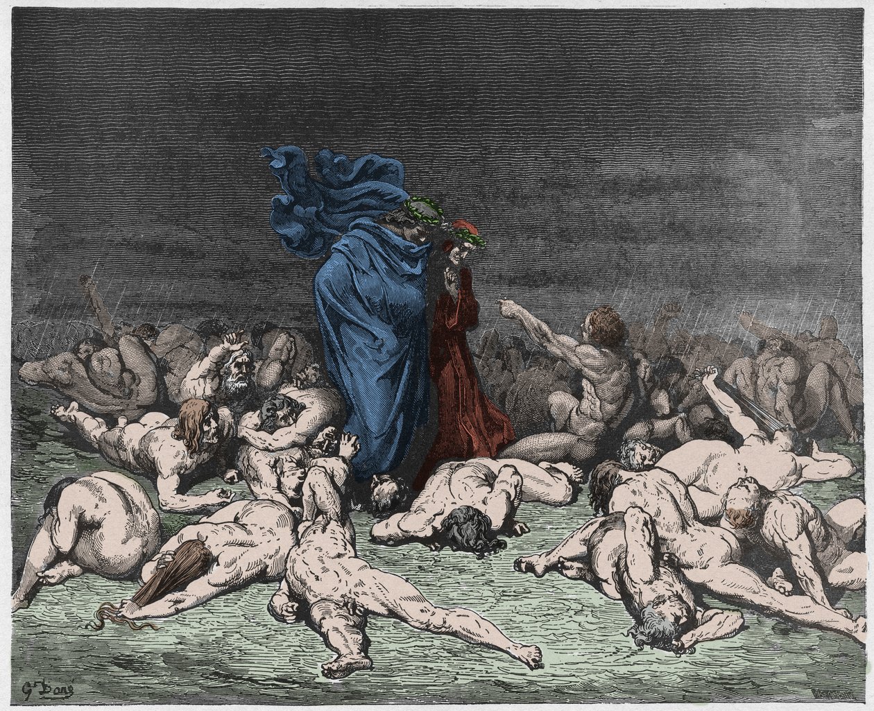 Inferno, Canto 6: De gulzigaards geslagen door eeuwige regen, illustratie uit De Goddelijke Komedie van Dante Alighieri, 1885 (digitaal ingekleurde gravure) door Gustave after Dore