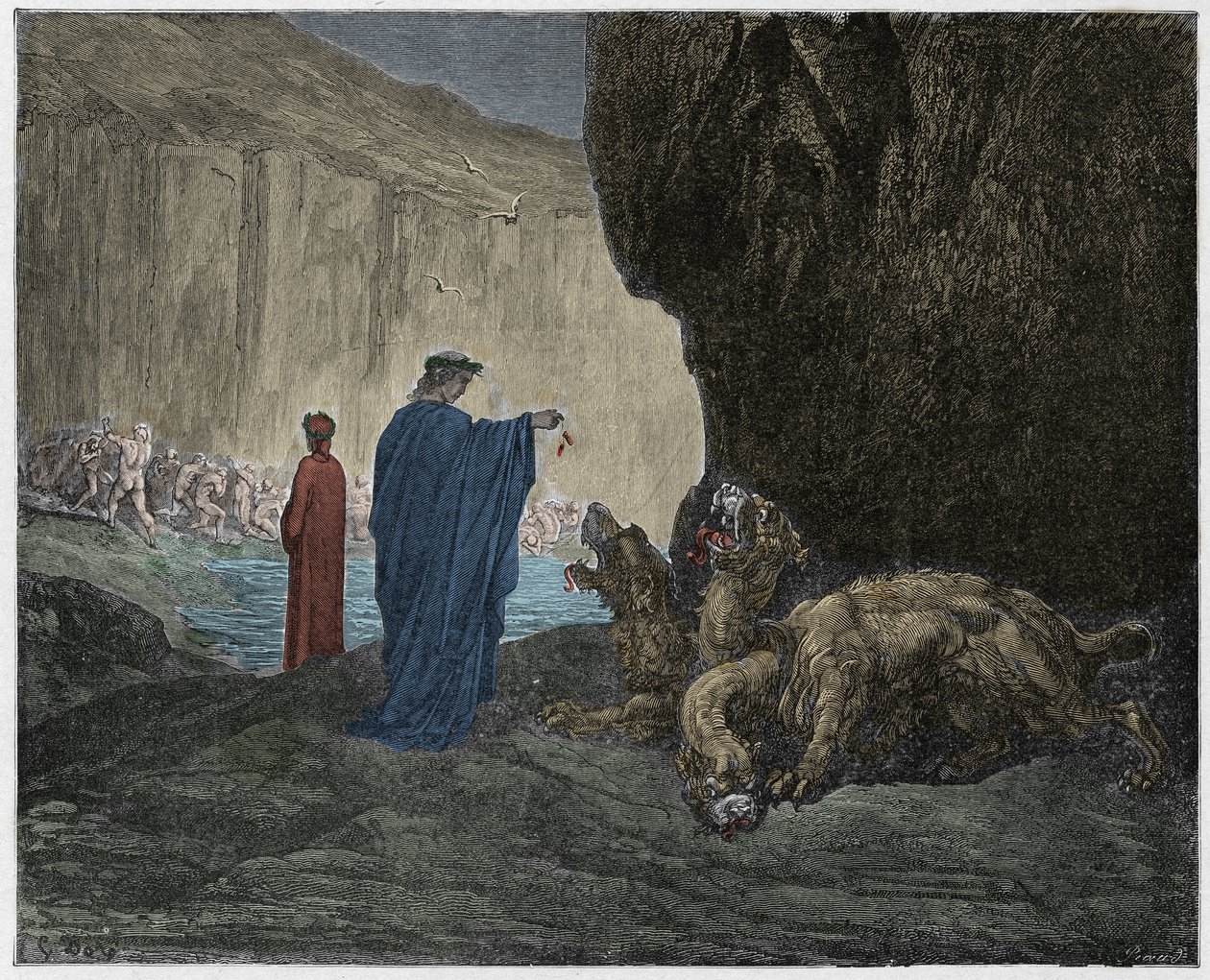 Inferno, Canto 6: Vergilius voedt Cerberus in de derde cirkel, illustratie uit De Goddelijke Komedie van Dante Alighieri, 1885 (digitaal ingekleurde gravure) door Gustave after Dore