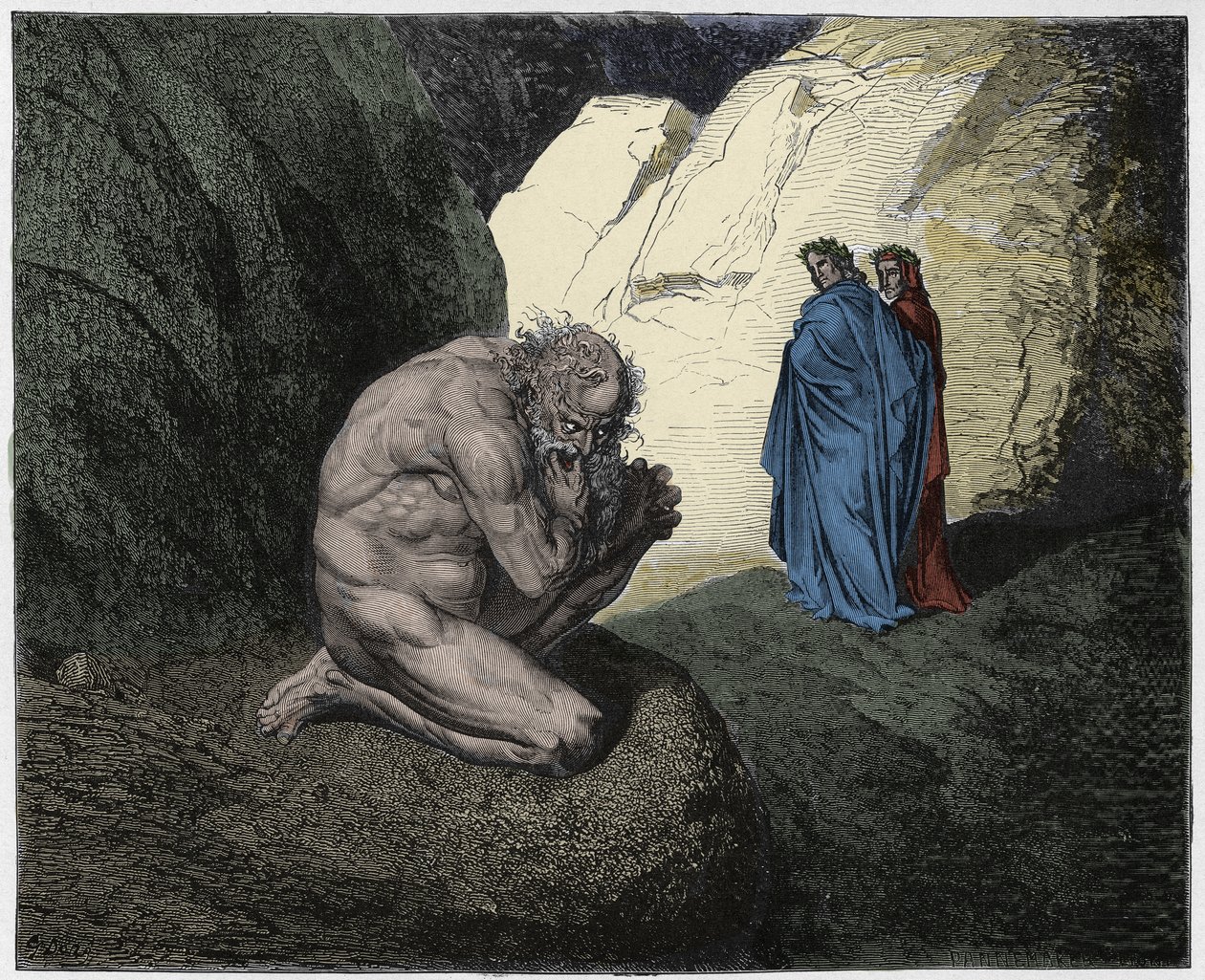 Inferno, Canto 7: Vergilius berispt Plutus bij de ingang van de vierde cirkel, illustratie uit De Goddelijke Komedie van Dante Alighieri, 1885 (digitaal ingekleurde gravure) door Gustave after Dore