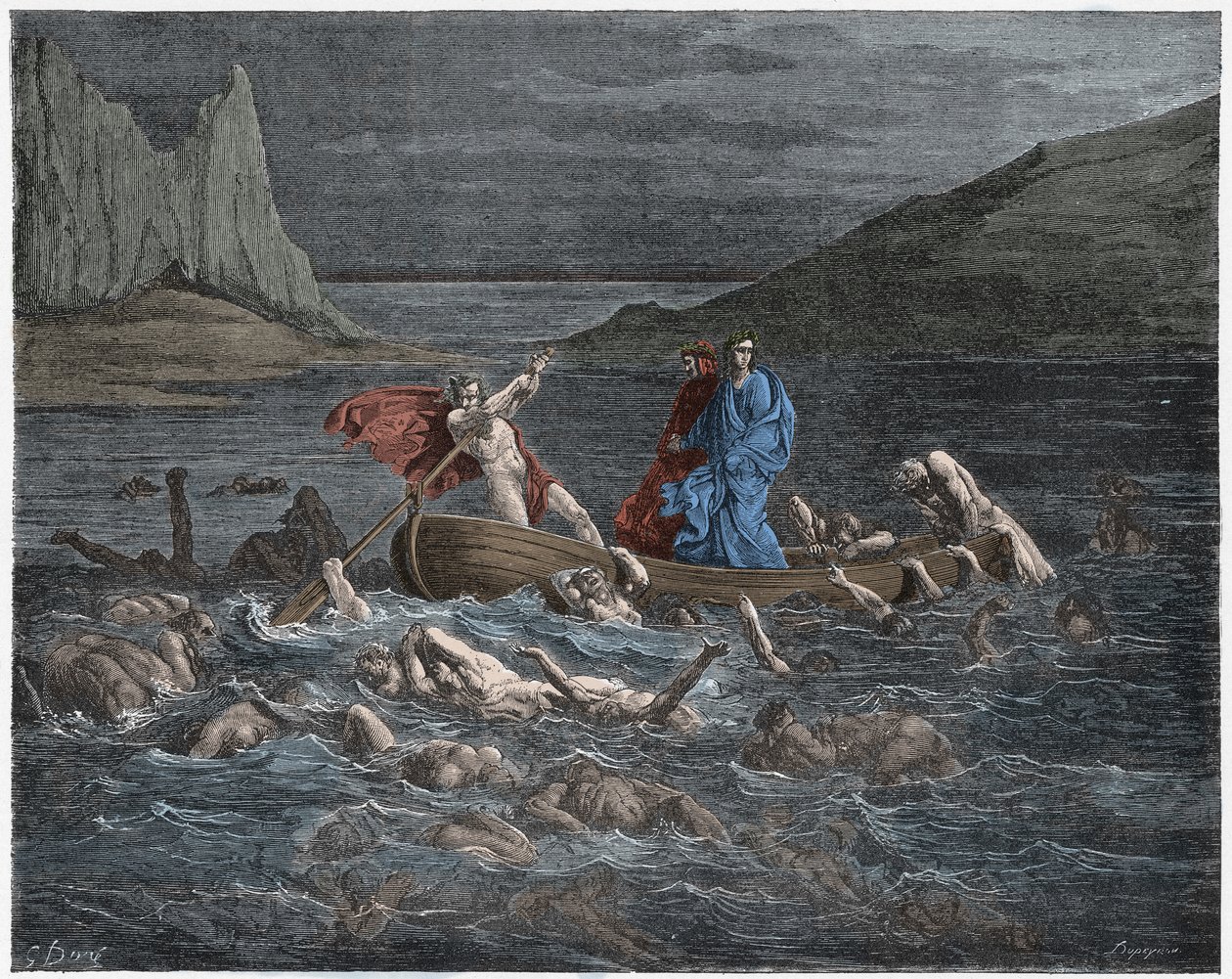 Inferno, Canto 8: Phlegyas brengt Dante en Vergilius over de Styx, illustratie uit De Goddelijke Komedie van Dante Alighieri, 1885 (digitaal ingekleurde gravure) door Gustave after Dore