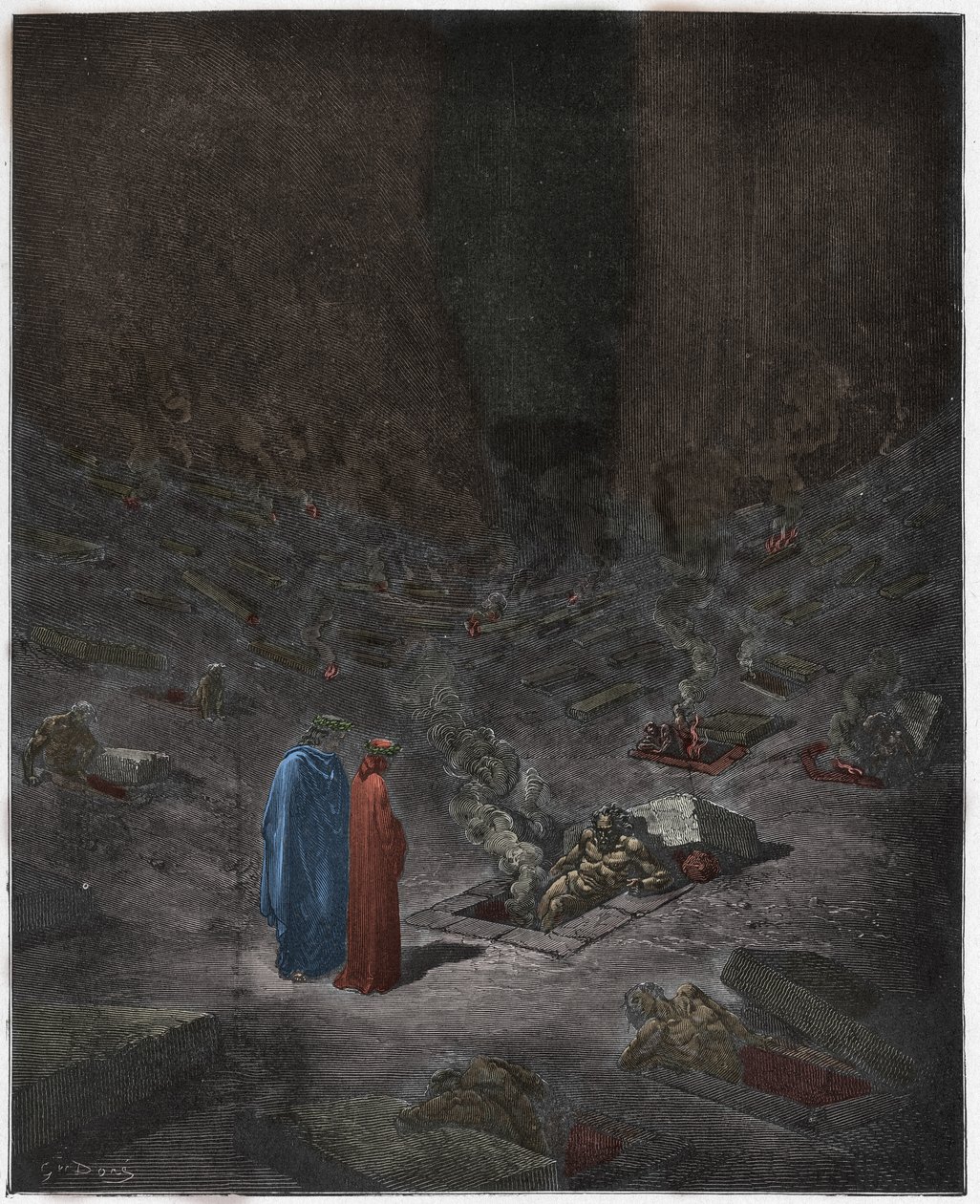 Inferno, Canto 9: De brandende grafkamers van de ketters, illustratie uit De Goddelijke Komedie van Dante Alighieri, 1885 (digitaal ingekleurde gravure) door Gustave after Dore