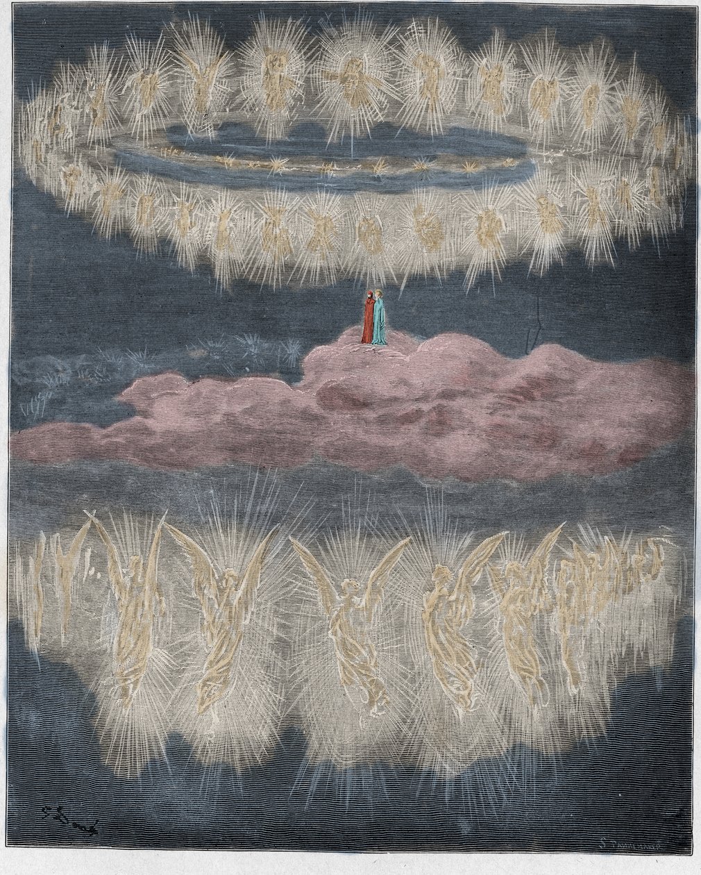 Paradiso, Canto 12: De ringen van verheerlijkte zielen in de zon, illustratie uit De Goddelijke Komedie van Dante Alighieri, 1885 door Gustave after Dore