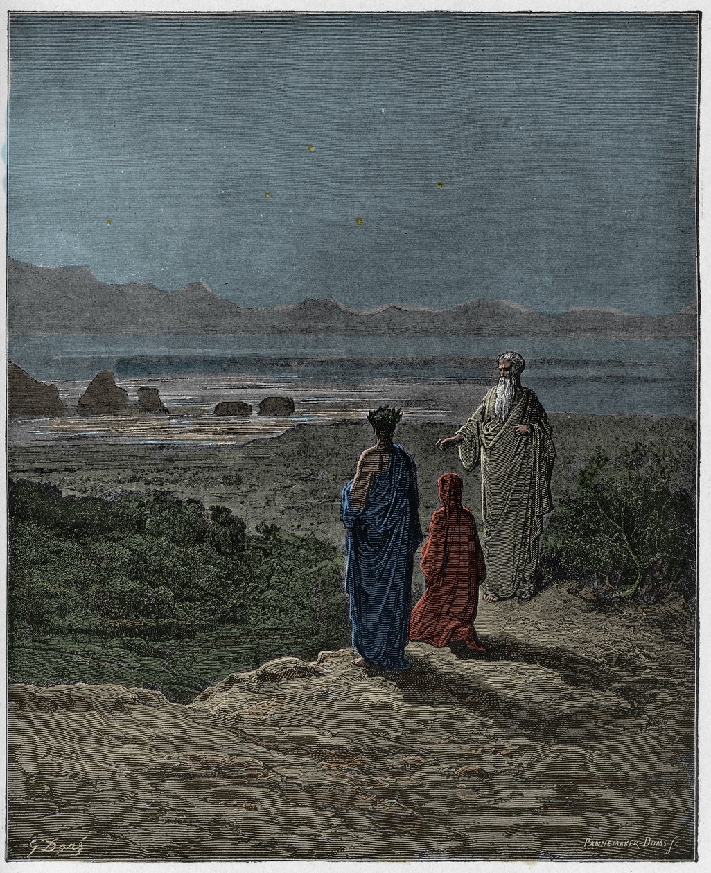 Purgatorio, Canto 1: Dante knielt voor Statius, illustratie uit De Goddelijke Komedie van Dante Alighieri, 1885 door Gustave after Dore