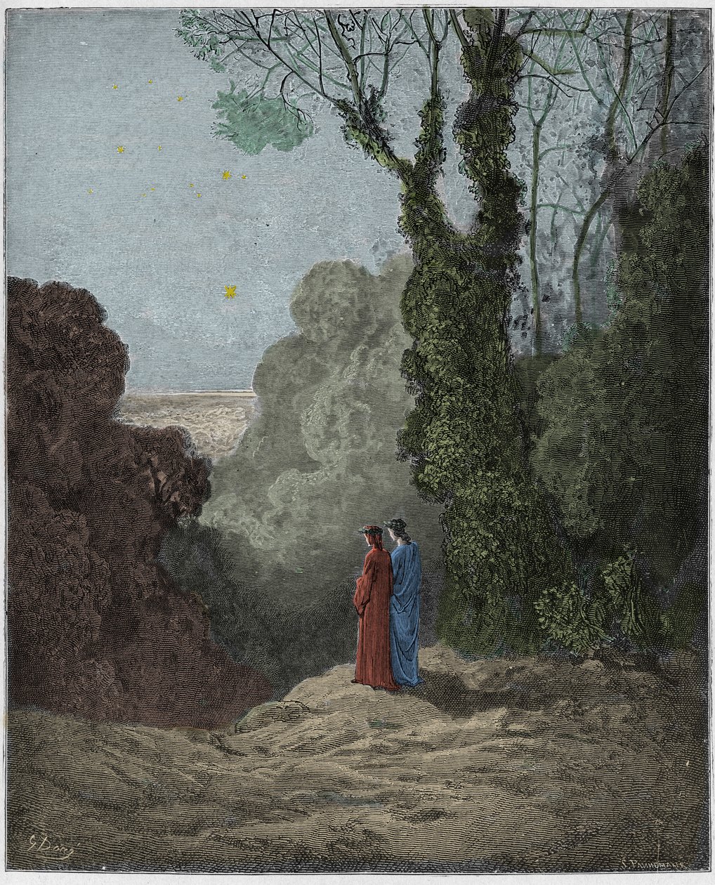 Purgatorio, Canto 1: De dichters aanschouwen de schoonheid van Venus in de ochtendhemel, illustratie uit De Goddelijke Komedie van Dante Alighieri, 1885 door Gustave after Dore