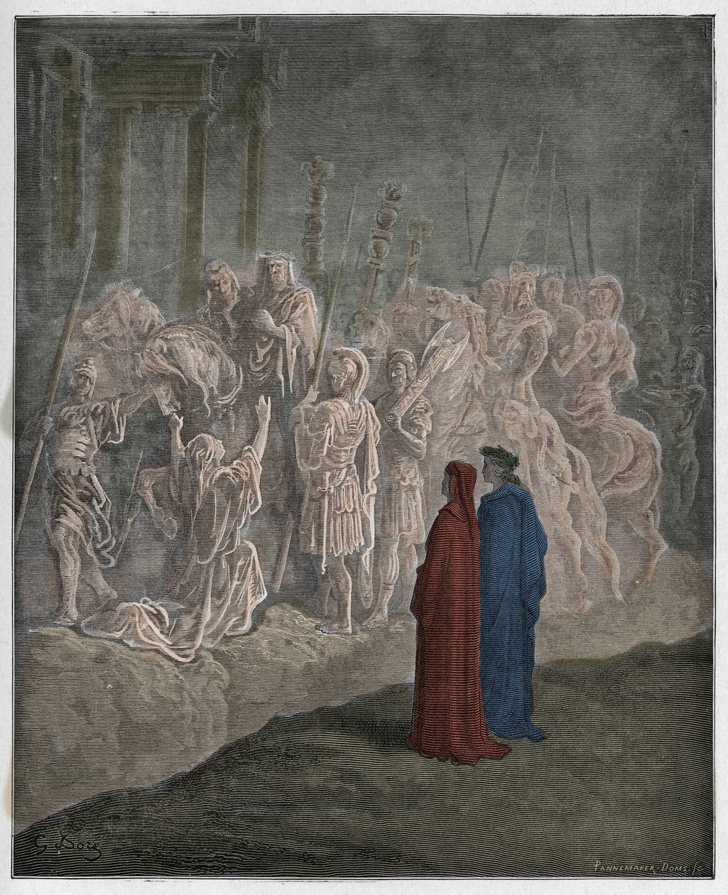 Purgatorio, Canto 10: De marmeren sculpturen die trots uitbeelden, illustratie uit De Goddelijke Komedie van Dante Alighieri, 1885 door Gustave after Dore