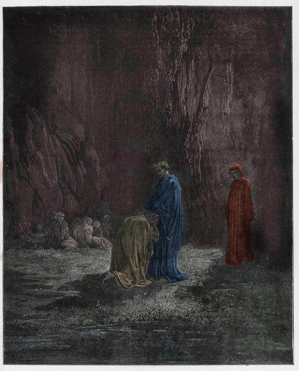 Purgatorio, Canto 7: De dichter Sordello, verbaasd, knielt voor Vergilius, illustratie uit De Goddelijke Komedie van Dante Alighieri, 1885 (digitaal ingekleurde gravure) door Gustave after Dore