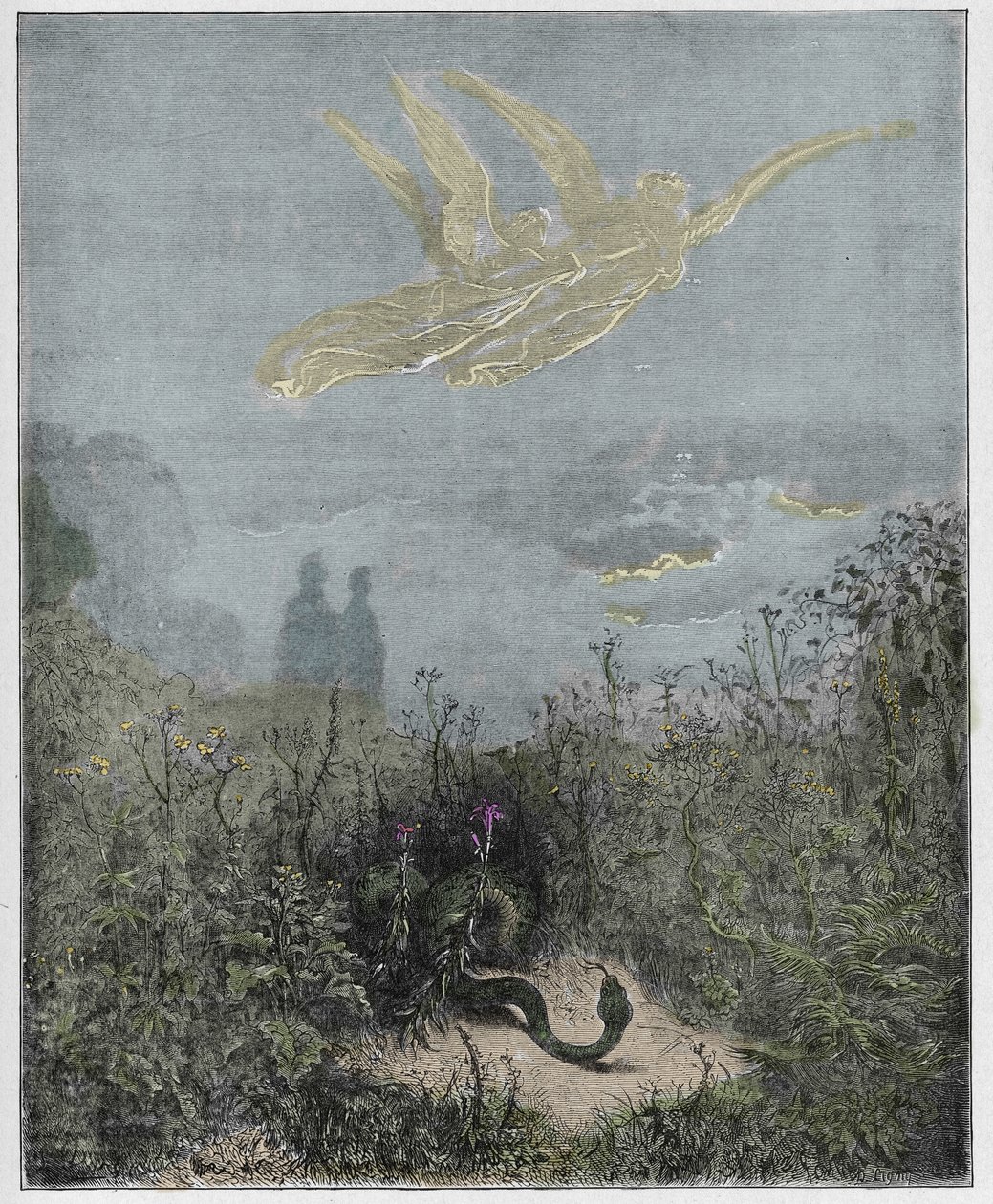Purgatorio, Canto 8: De engelen verdrijven de slang, illustratie uit De Goddelijke Komedie van Dante Alighieri, 1885 door Gustave after Dore