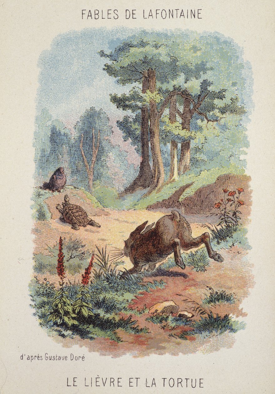 Fabels van La Fontaine: De haas en de schildpad naar Gustave Doré door Gustave (after) Dore
