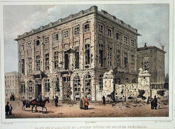 Het Café Amitie en het oude Hotel du Prince Frederic, Brussel, na de gevechten van 23-26 september 1830, gegraveerd door Jean Baptiste Madou (1796-1877) door Gustave Adolphe (after) Simoneau