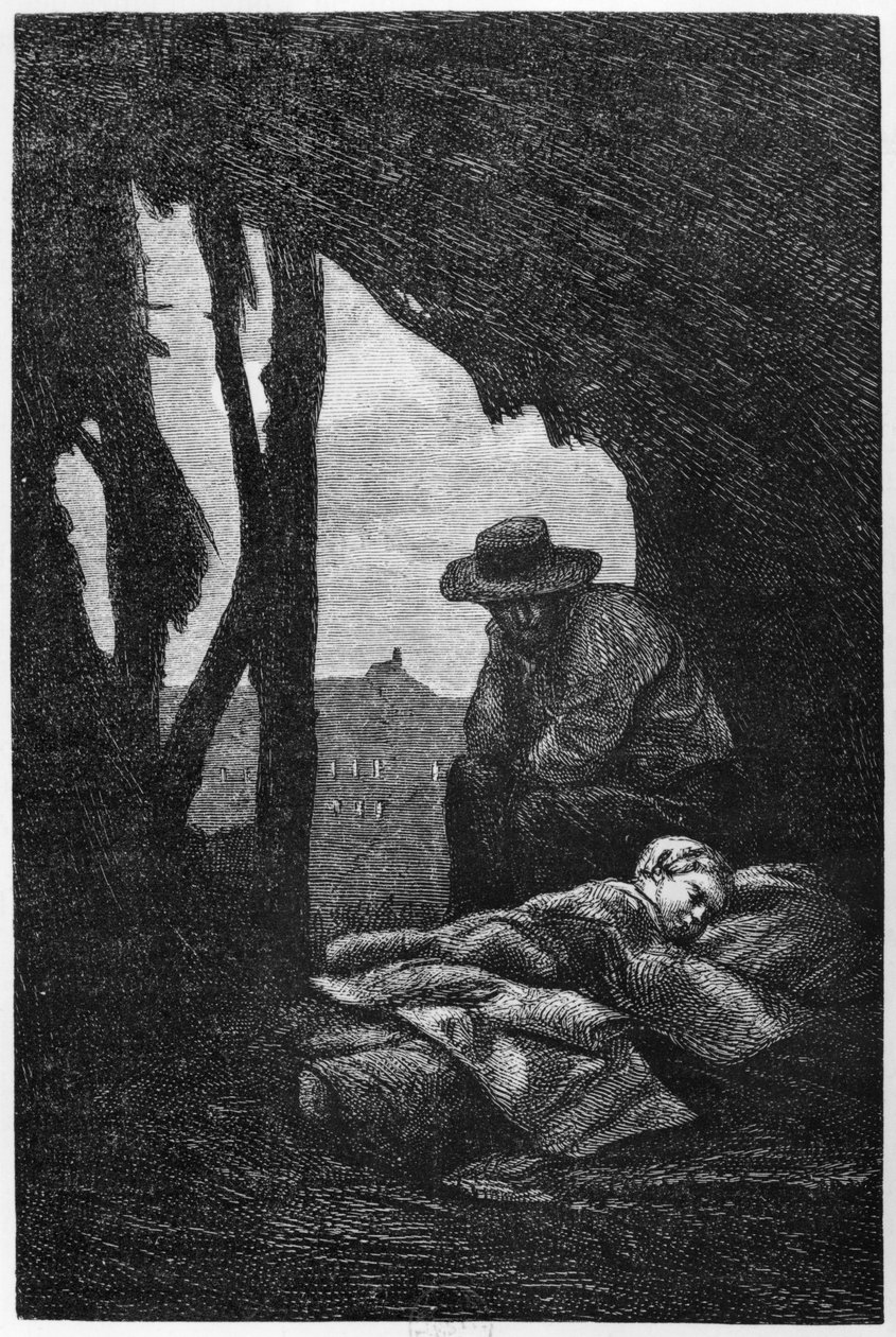 Jean Valjean waakt over de slapende Cosette, illustratie uit 
