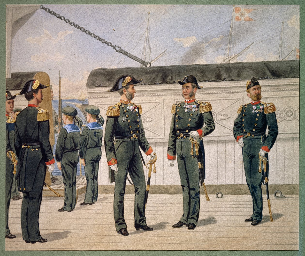Officieren van de Deense marine in gala-uniform. Aquarel door Gustav Brock door Gustave Brock