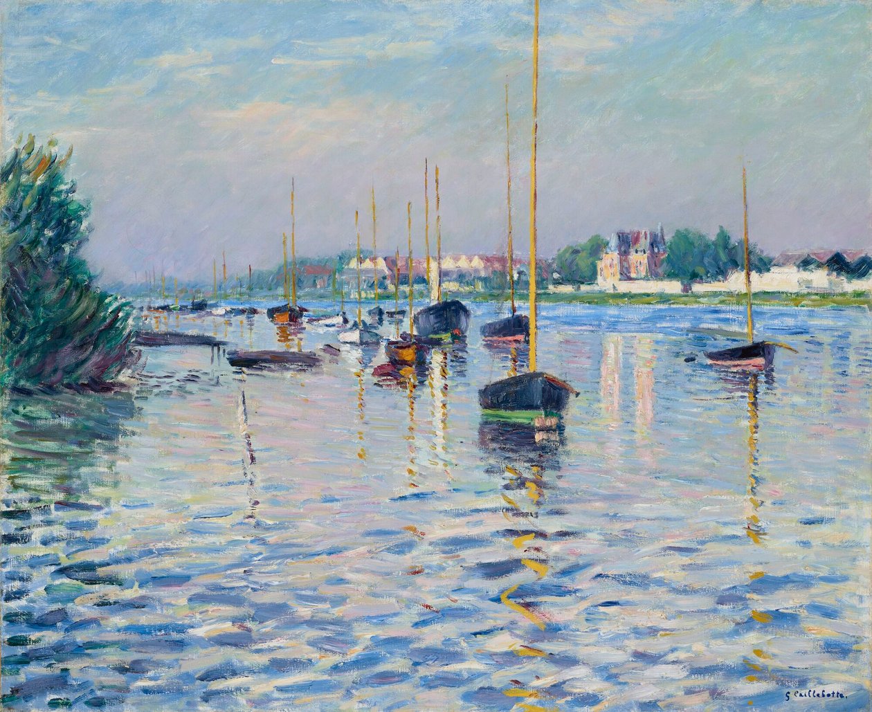 Frans: Bateaux au mouillage sur la Seine à Argenteuil Boten aangemeerd op de Seine bij Argenteuil door Gustave Caillebotte