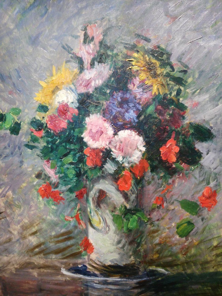 Frans: Boeket van margrieten, kapucijners en zonnebloemen in een vaas
Duits: Boeket van margrieten, Oost-Indische kers en zonnebloemen in een vaas door Gustave Caillebotte
