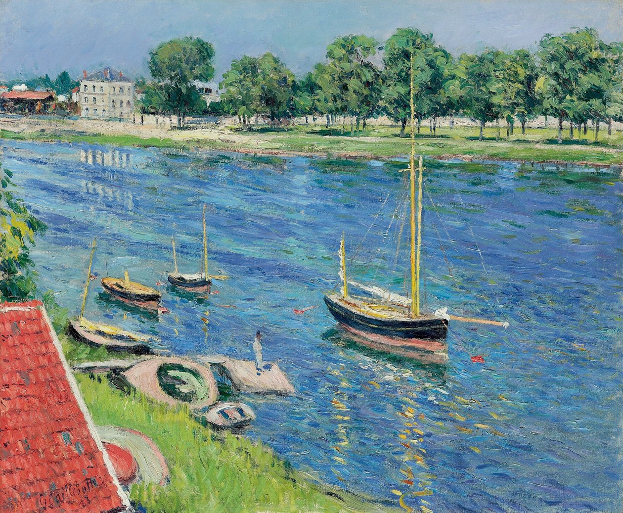 De Seine bij Argenteuil, boten voor anker door Gustave Caillebotte
