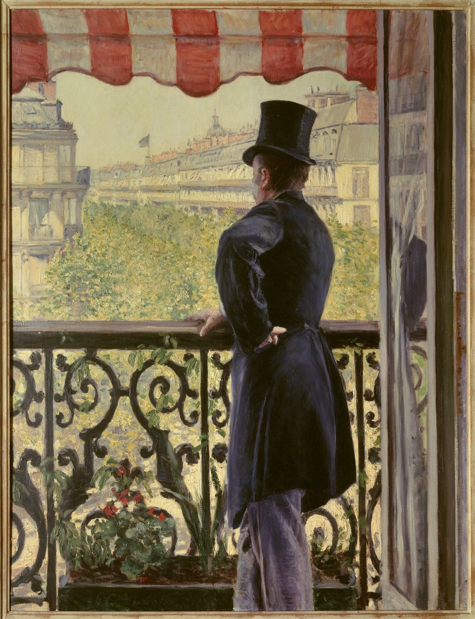 De man op het balkon Een elegante man met een hoge hoed leunt op de reling van een balkon aan de grote Parijse boulevards. Schilderij door Gustave Caillebotte (1848-1894) 1880 Sun. 0.86 x 1.14 m. Privécollectie door Gustave Caillebotte